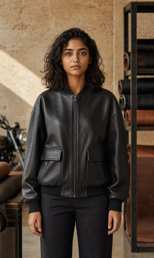Cargo Slouch black leather jacket front view