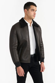 Dark Brown Men Leather Jacket with rib Knit