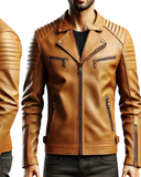 Tan Leather Biker Jacket - Minimalist Design with Streamlined Features