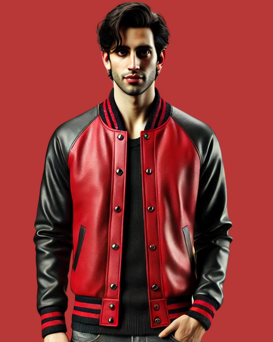 Black and Red Varsity Jacket - A-Grade Sheep Leather with Solid Black Ribs