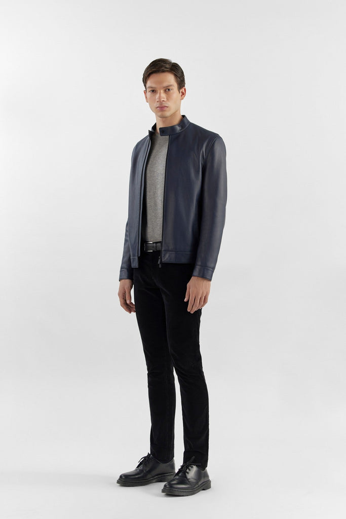 Navy Blue Nappa Leather Stand Collar Jacket | Sleek & Practical Design