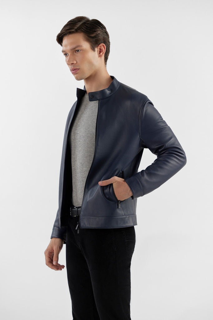 Navy Blue Nappa Leather Stand Collar Jacket | Sleek & Practical Design