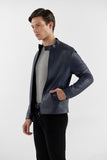 Navy Blue Nappa Leather Stand Collar Jacket | Sleek & Practical Design