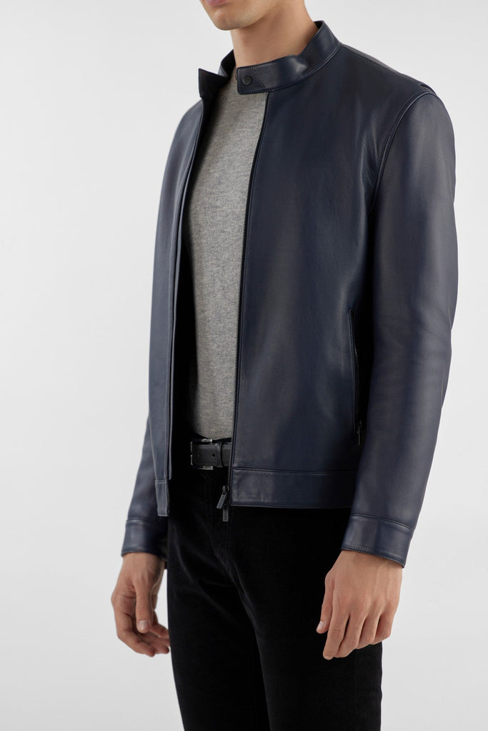 Navy Blue Nappa Leather Stand Collar Jacket | Sleek & Practical Design