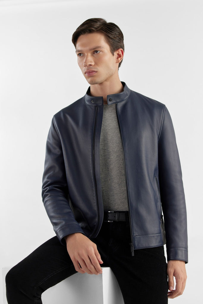 Navy Blue Nappa Leather Stand Collar Jacket | Sleek & Practical Design