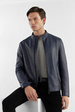 Navy Blue Nappa Leather Stand Collar Jacket | Sleek & Practical Design