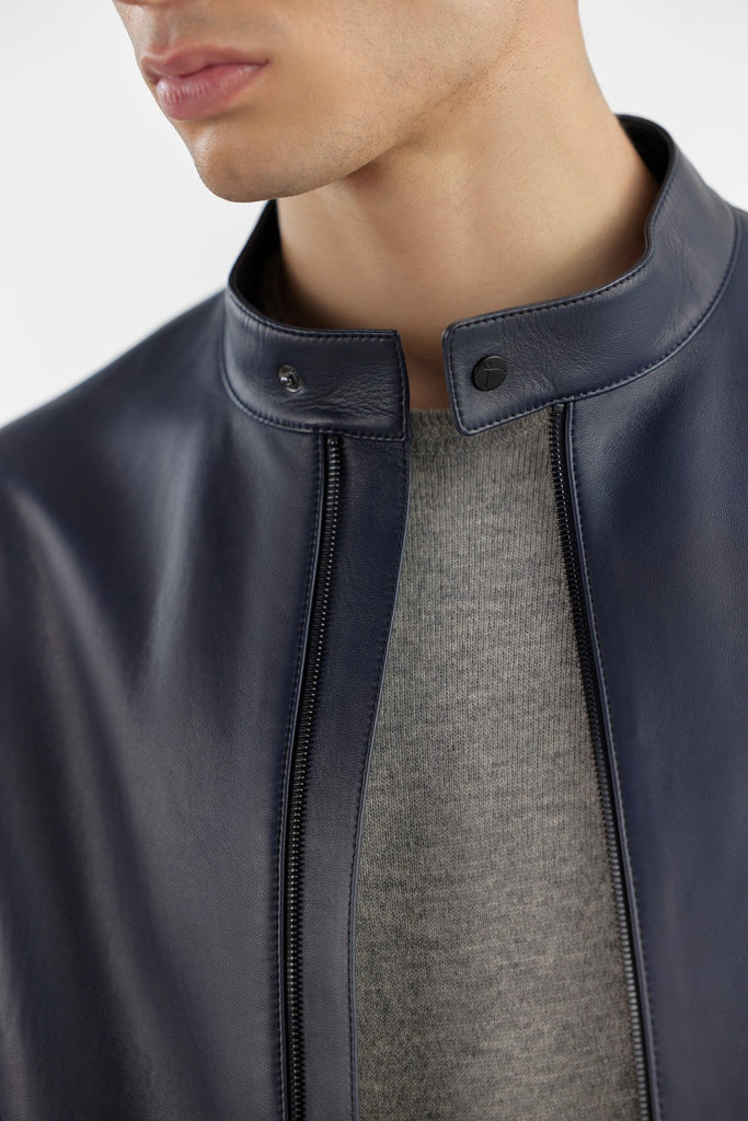 Navy Blue Nappa Leather Stand Collar Jacket | Sleek & Practical Design