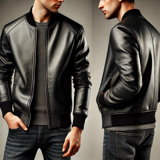 Premium Black Leather Bomber Jacket - Classic Design