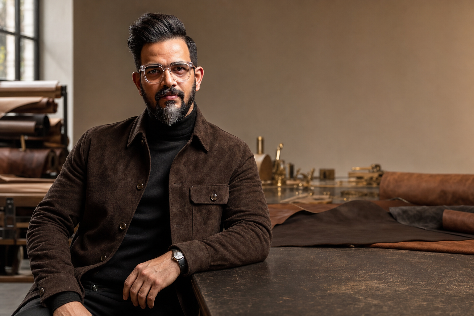 GOAT leather atelier with a man wearing a brown suede jacket