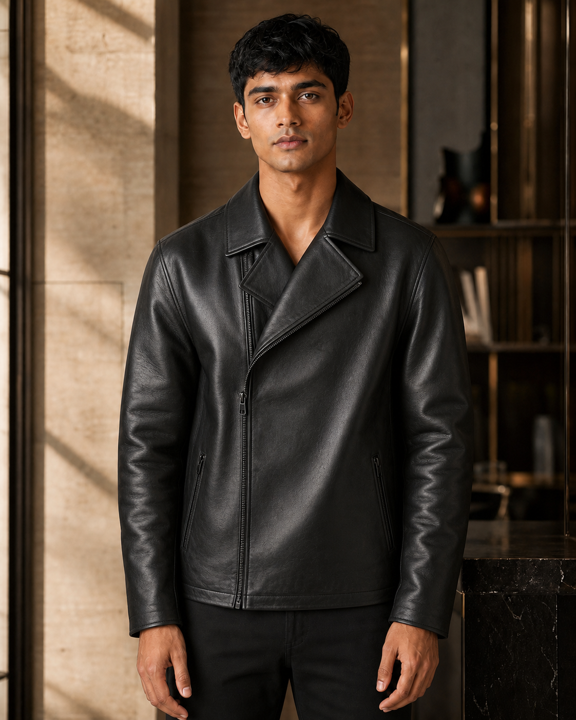 Young Indian man in an oversized black leather moto jacket