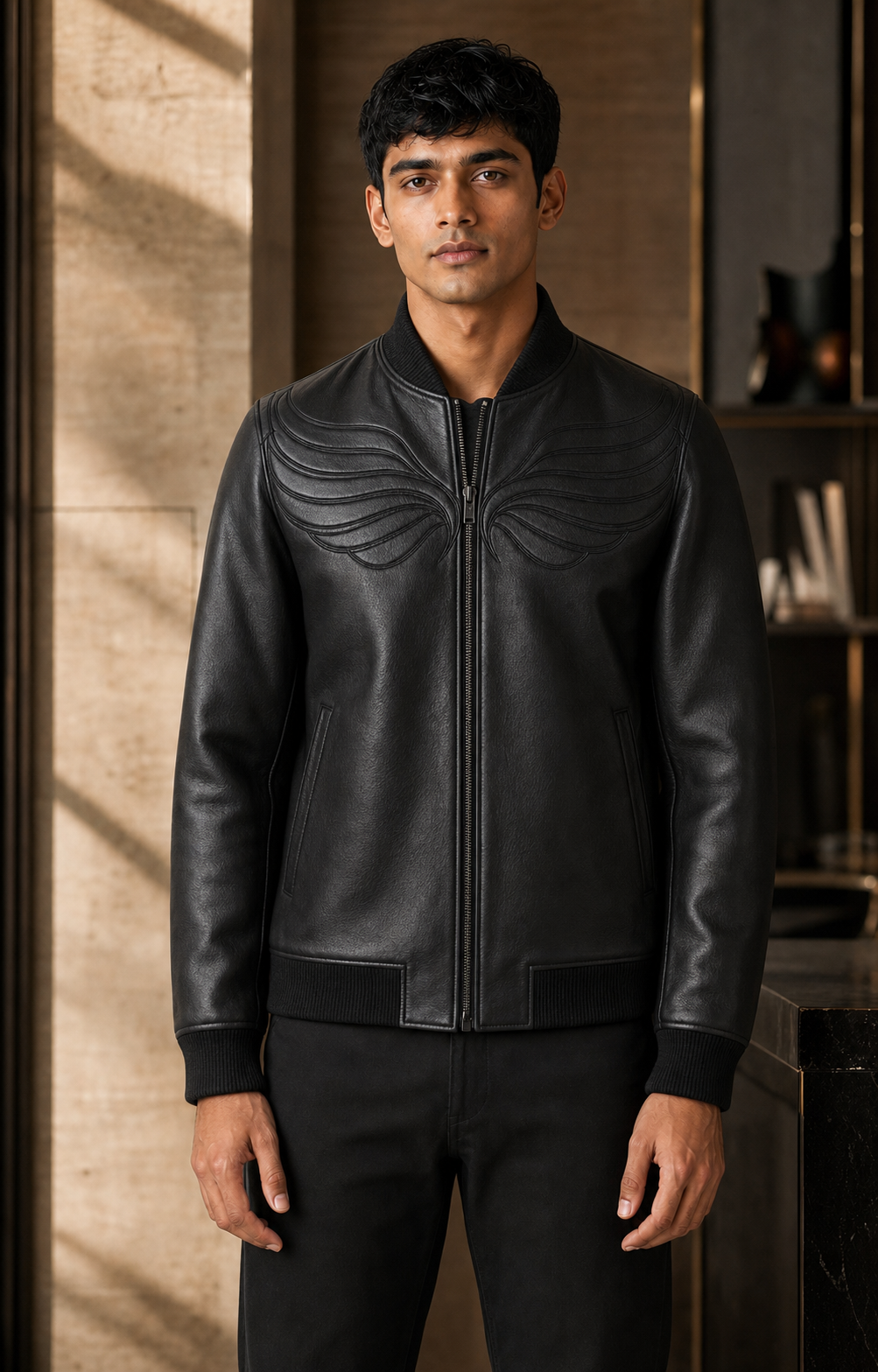Young Indian man in a black leather bomber with tonal wing-inspired panels