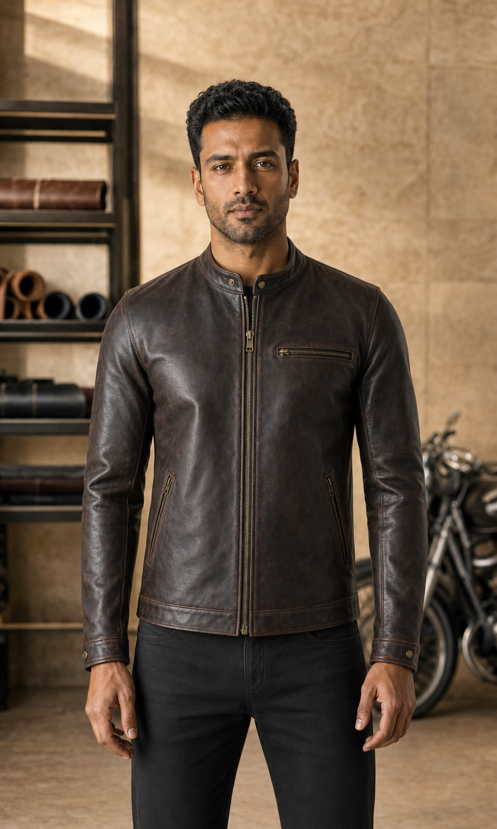 Indian man in a distressed dark brown leather cafe racer