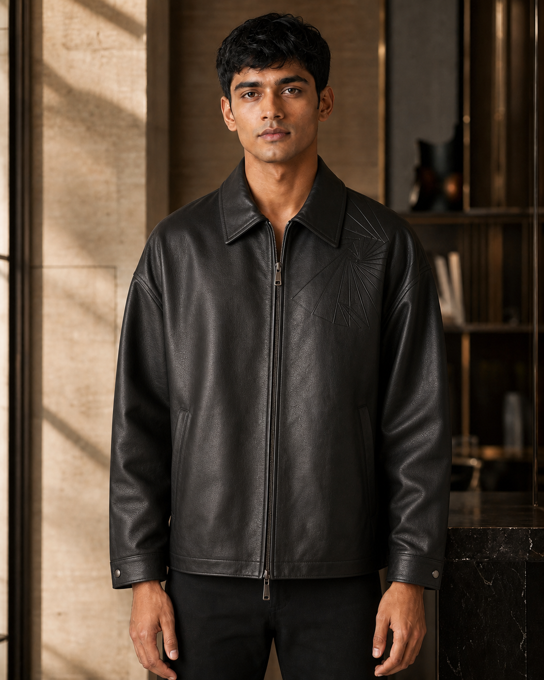 Young Indian man in an oversized black leather coach jacket