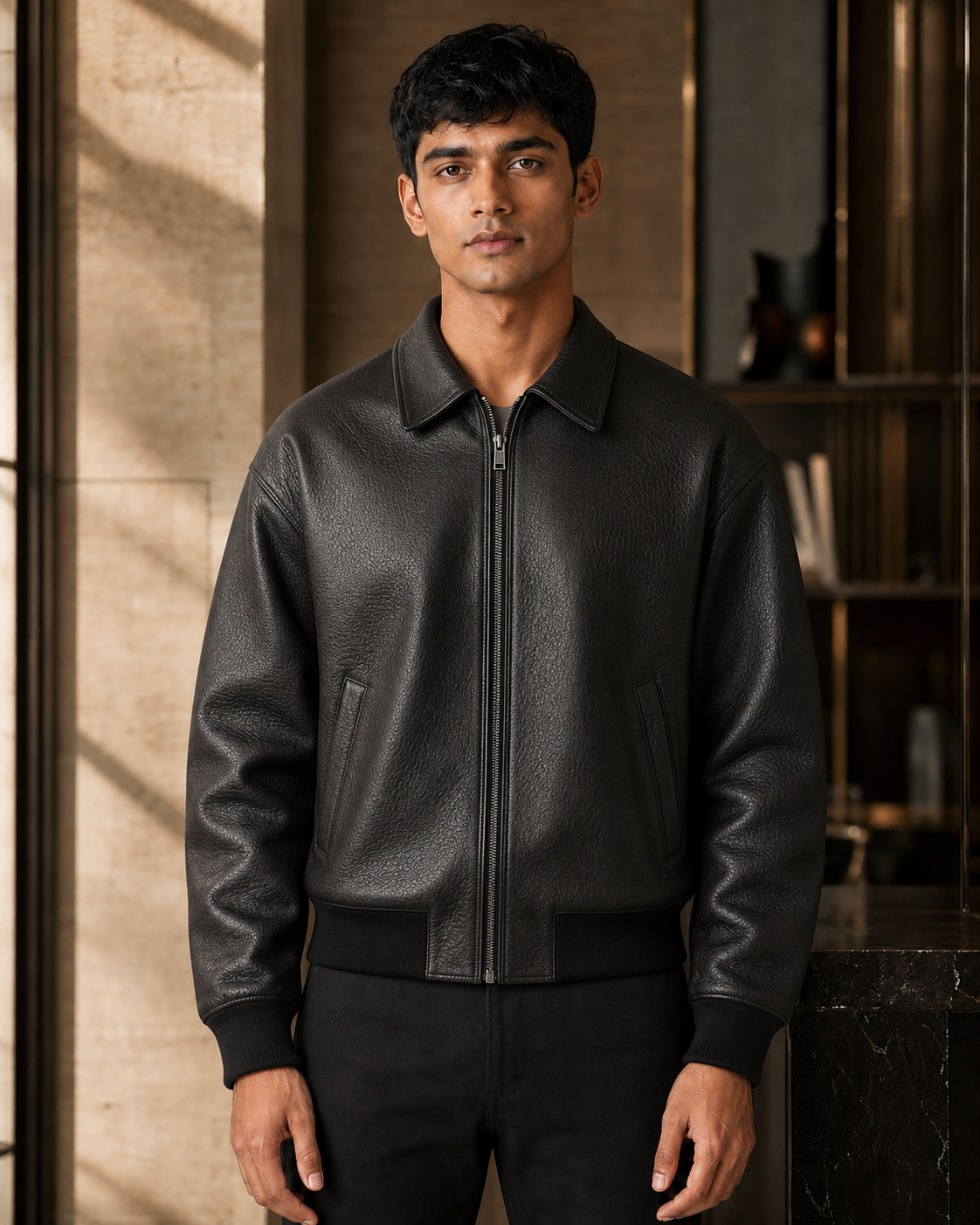 Young Indian man wearing an oversized black GOAT leather bomber in the atelier