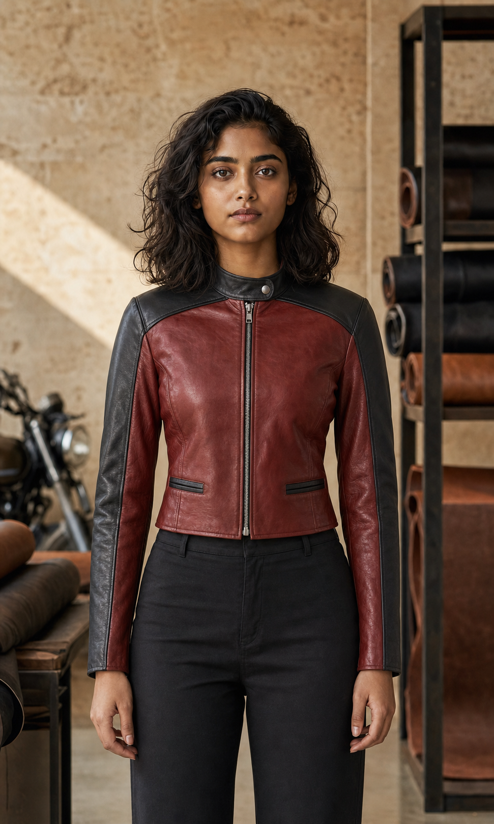 Young Indian woman wearing a red and black GOAT leather racer jacket in the atelier
