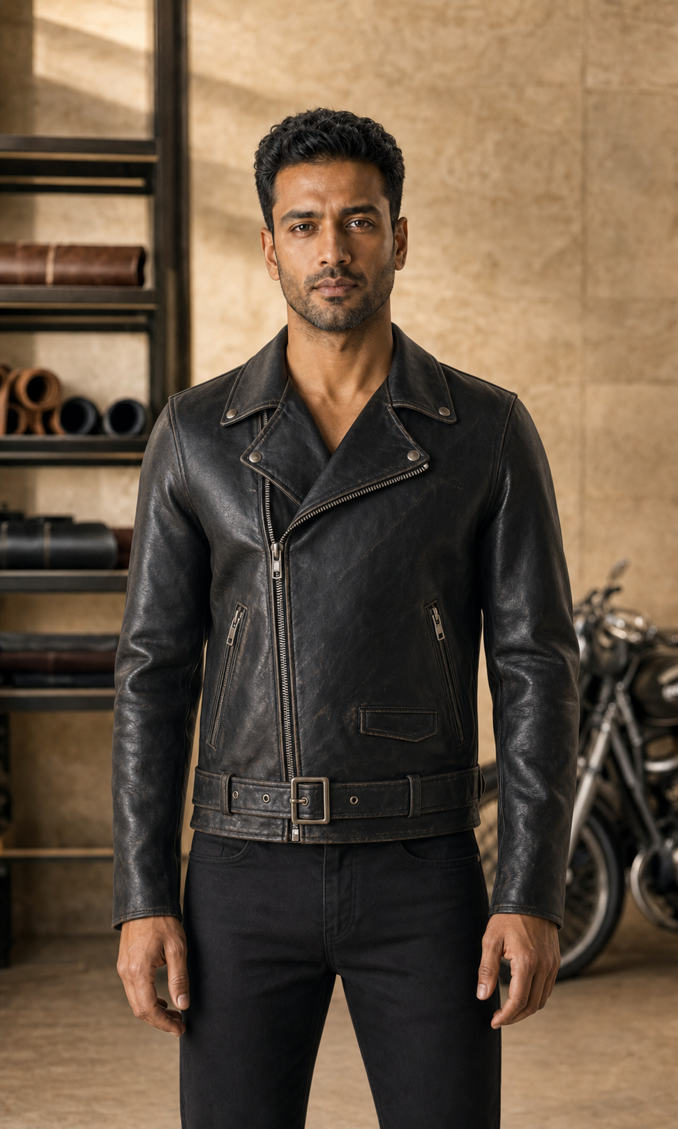 Indian man in a distressed belted black leather biker jacket