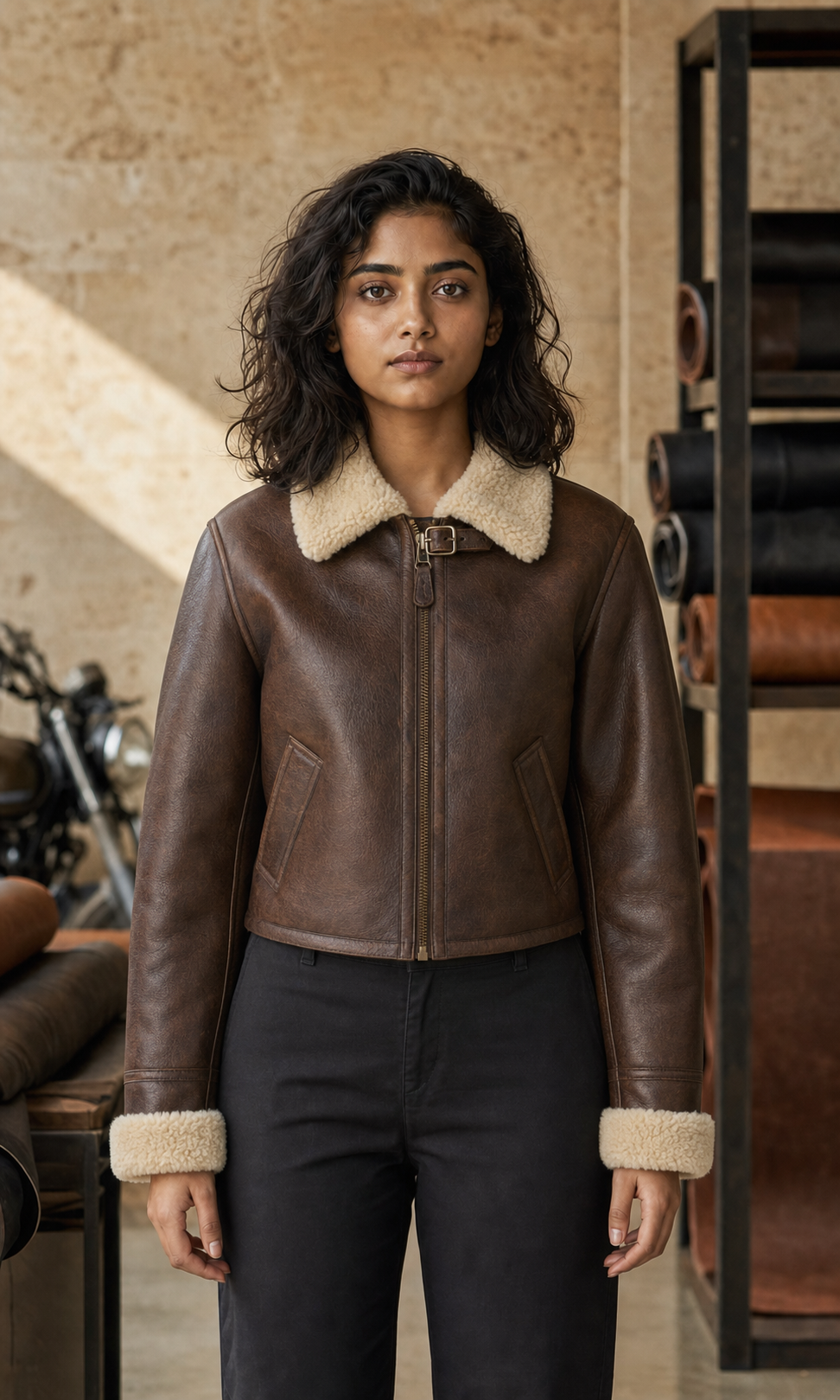 Young Indian woman in a cropped chestnut leather aviator with shearling collar