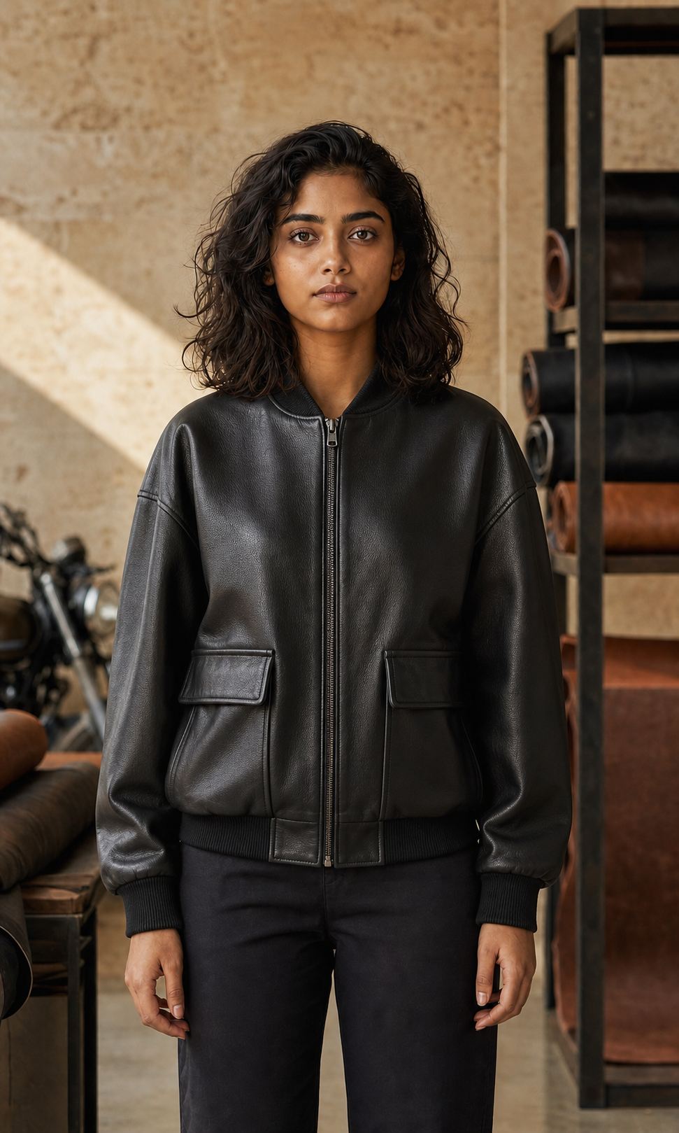 Young Indian woman in an oversized black leather bomber with flap pockets