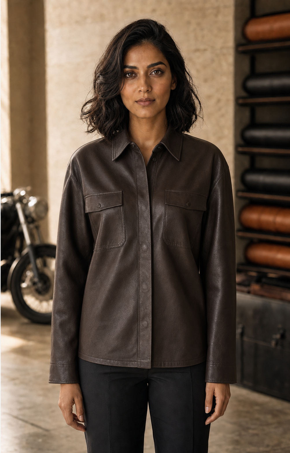 Indian woman in a dark chocolate relaxed leather overshirt jacket
